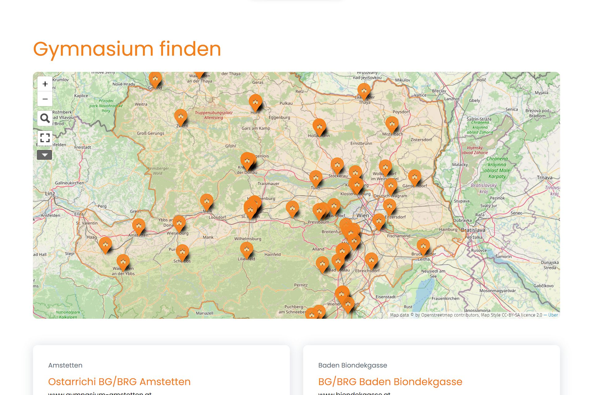 Screenshot of the 'Gymnasium finden' page of the gymnasien-in-noe.at website Showing the interactive map with a privacy popup