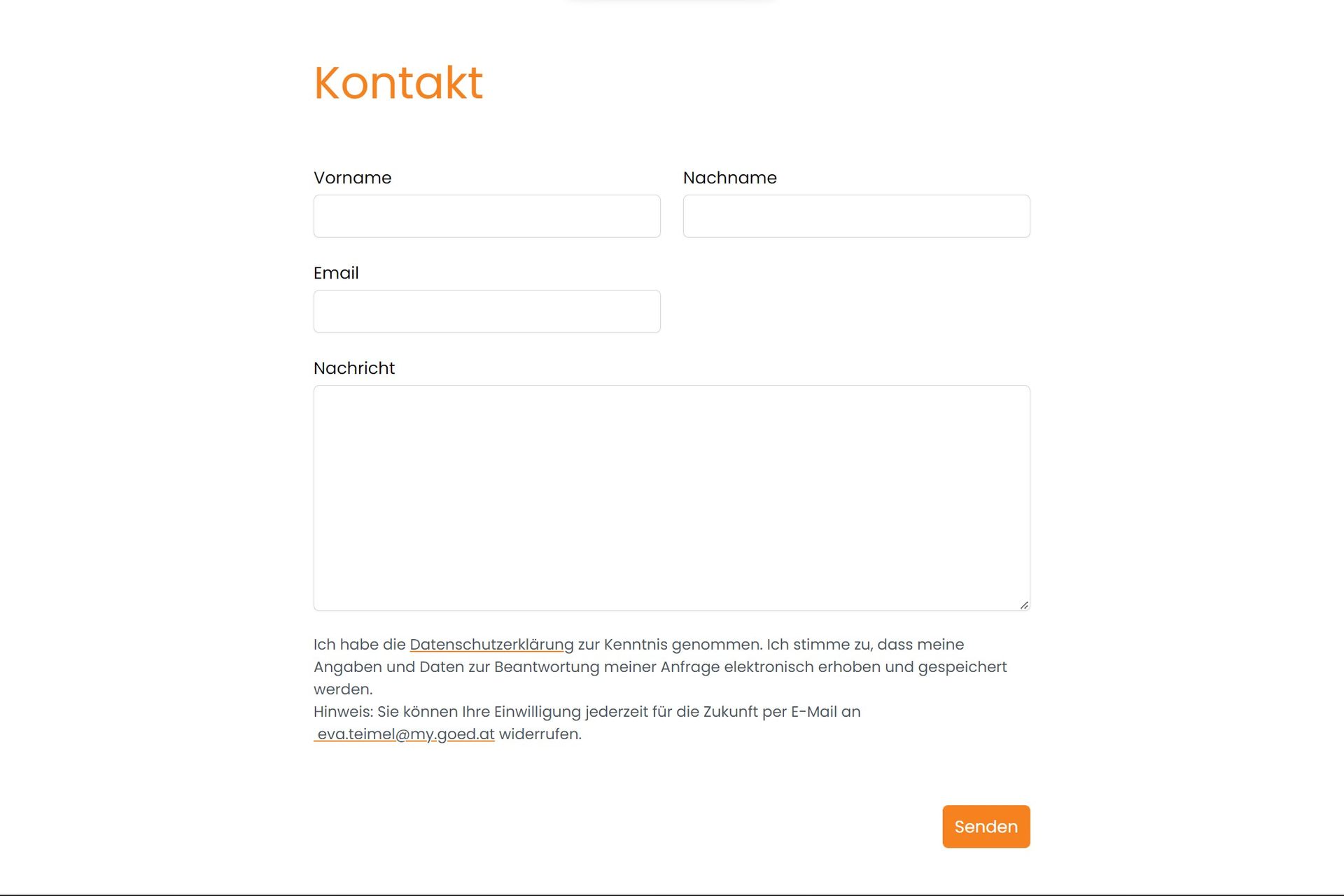 Screenshot of the 'Kontakt' page of the gymnasien-in-noe.at website with a contact form