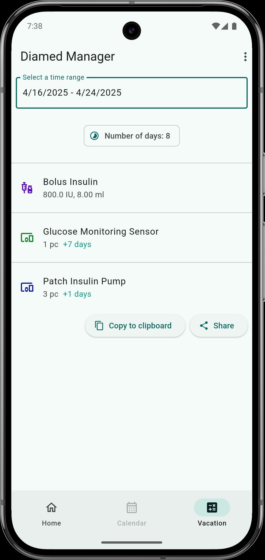 Screenshot of vacation tool page in action of Diamed Manager