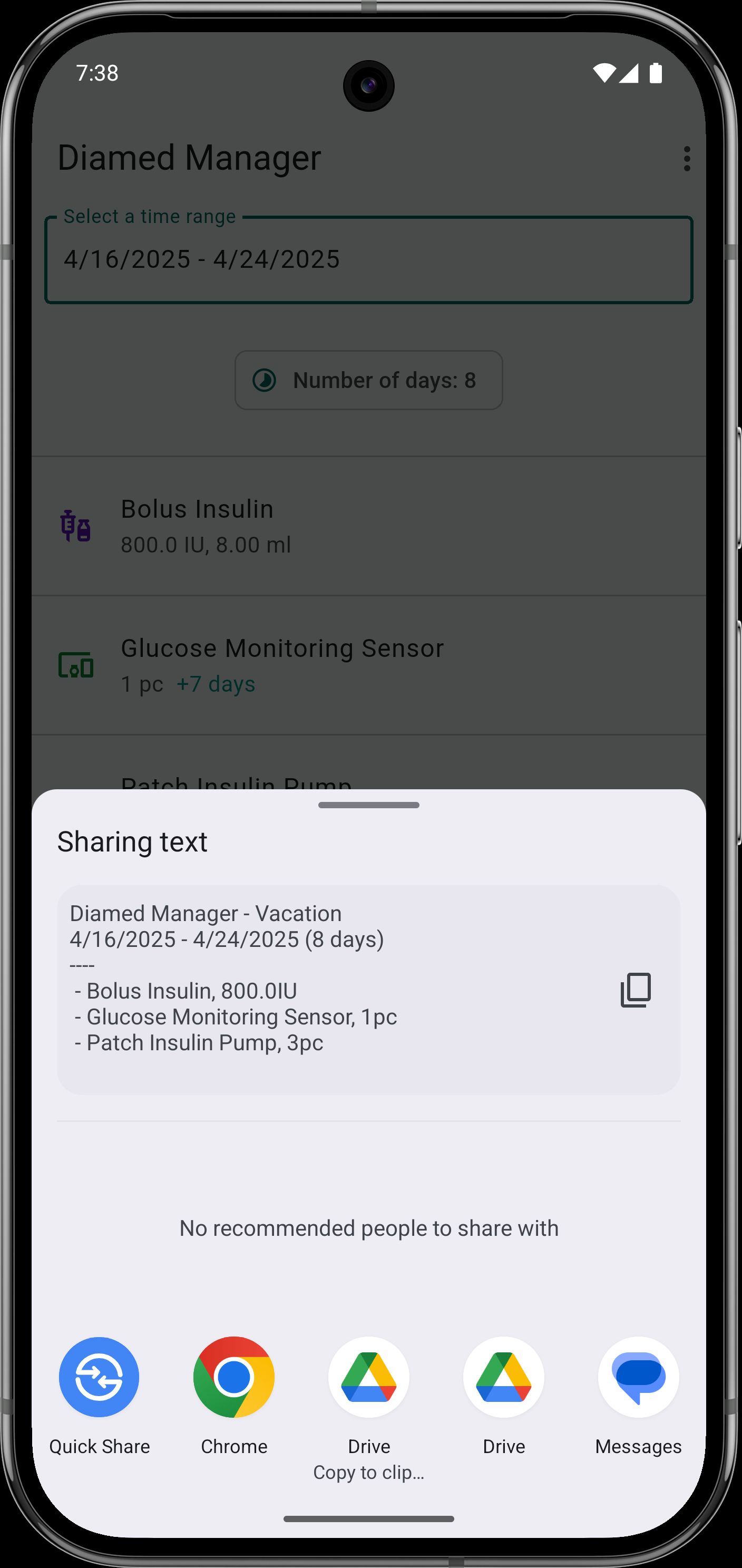 Screenshot of the vacation tool sharing feature of Diamed Manager